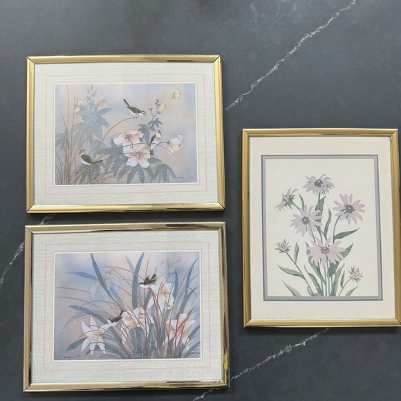 Other - Vintage Chinese Watercolor Painting Framed Set of 3 Birds Flowers Signed